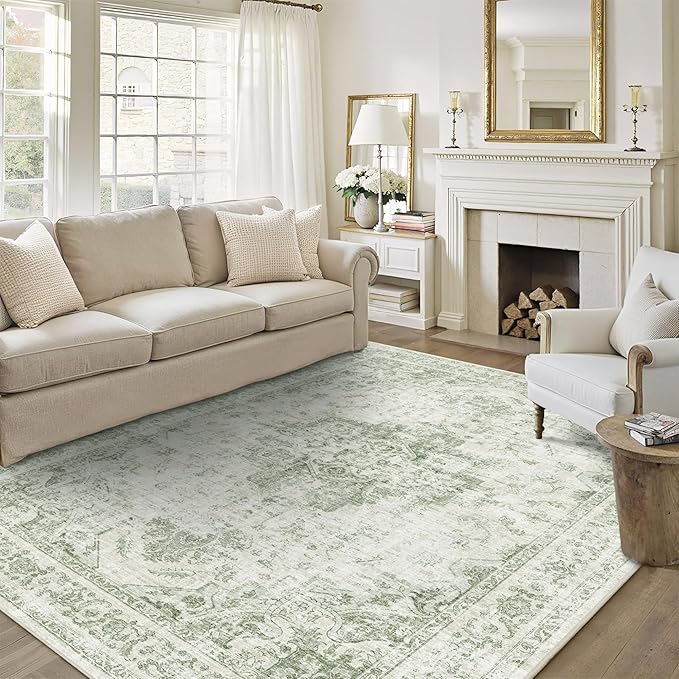 6x9 Vintage Washable Area Rugs Boho Medallion Large Distressed Retro Accent Carpet Floral Non-Slip Soft Low Pile Indoor Throw Rug for Living Room Bedroom Dining Room Office Kitchen, Green