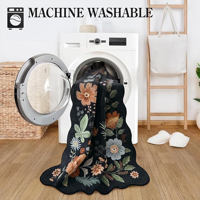 Lahome Floral Washable Rugs for Bedroom, 4X6 Living Room Rug Ultra-Thin, Non-Slip Soft Stain Resistant Boho Throw Carpet for ‎Office Entryway Dining Room (4x6ft,Black/Grey)