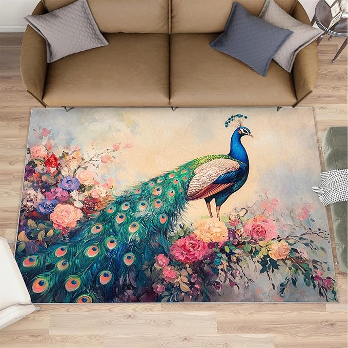 Peacock Peony Rug 4x6-4x6 Rug, Classic Peacock Peony Area Rugs for Bedroom, Teal Turquoise Rugs for Living Room, Peafowl Washable Mat, Malachite Green Feather Carpet - Peafowl Home Decor & Gifts