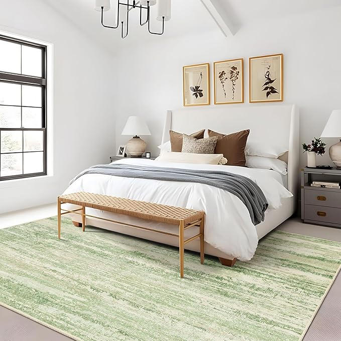 MUJOO 8x10 Area Rugs,Washable Rugs for Living Room Bedroom Dining Room,Modern Abstract Large Non Slip Carpet Indoor,Low Pile Throw Rug Accent Neutral Green