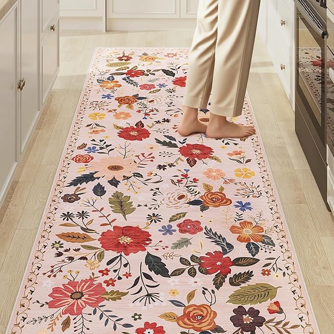 Rug Runners 2x6, Floral Washable Kitchen Rugs for Hallways Area Rugs, Non Slip Long Rug Low Pile Doormat Flower Carpet for Kitchen, Entryway Indoor, Bedroom, Bathroom, Laundry, Pink/Beige