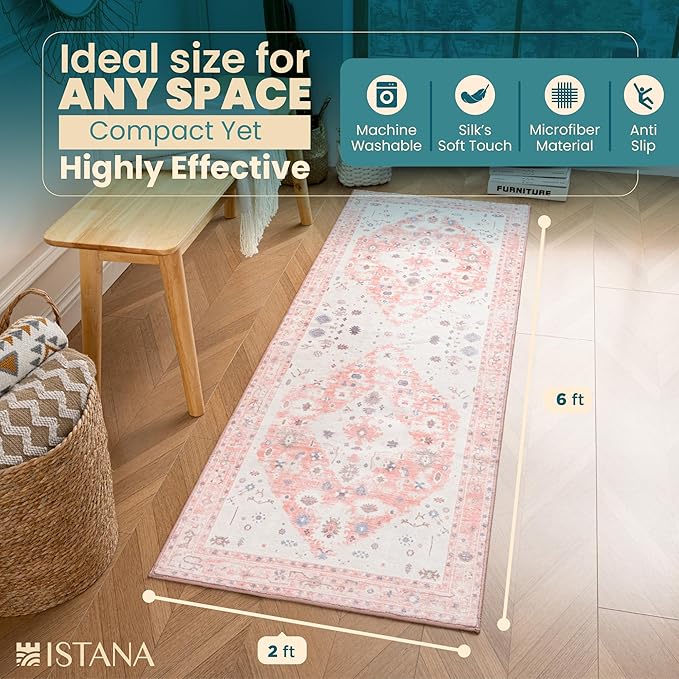 Istana Hallway Runner Rug 2x6 - Pink Kitchen Rugs Non Slip Washable -Silk's Soft Touch Carpet Runner - Stylish Rug Runner for Home