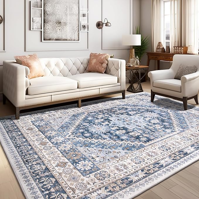 zesthome 6x9 Area Rug, Super Soft Washable Rugs for Living Room, Non-Slip Stain Resistant Vintage Rugs, Ultra-Thin Large Area Rugs (Blue/Beige,6'x9')
