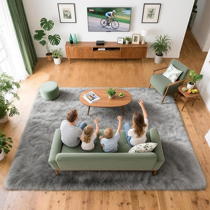 8x10 Solid Fluffy Grey Area Rug – Washable, Durable, Extra Large Living Room Rug, Non-Slip High Pile Shag Rugs for Bedroom, Playroom, Nursery Rooms, Kids Room, Soft Indoor Floor Carpet Decor