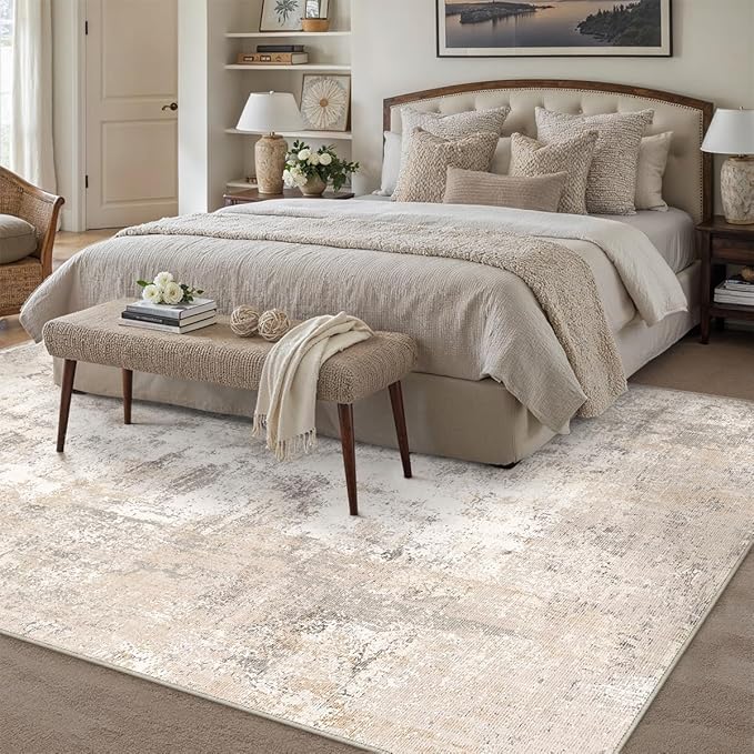10x14 Area Rug Beige Grey Abstract Living Room Bedroom Washable Carpet Neutral Modern Non Slip Soft Low Pile Indoor Large Throw Rug for Dining Room Office