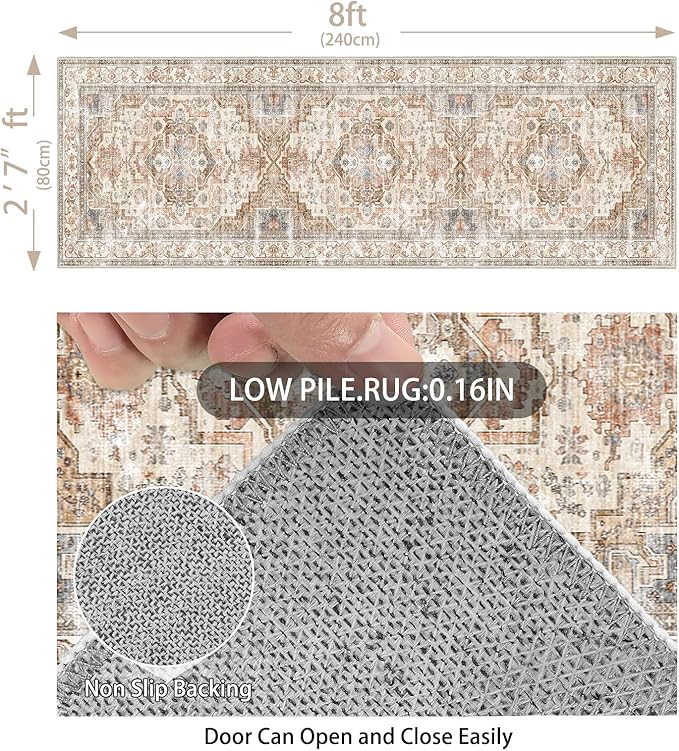 Enkor Runner Rugs for Hallway, 2.6x8 Washable Soft Non Slip Floor Rugs for Kitchen, Modern Mat for Living Room Bedroom Entryway Beige & Brown