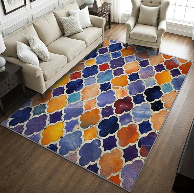 Moroccan Rugs for Living Room - 6x9 ft, Moroccan Trellis Rug, Colorful Geometric Living Room Rug, Oriental Tile Washable Area Rugs for Bedroom, Traditional Patchwork Home Decor & Gifts