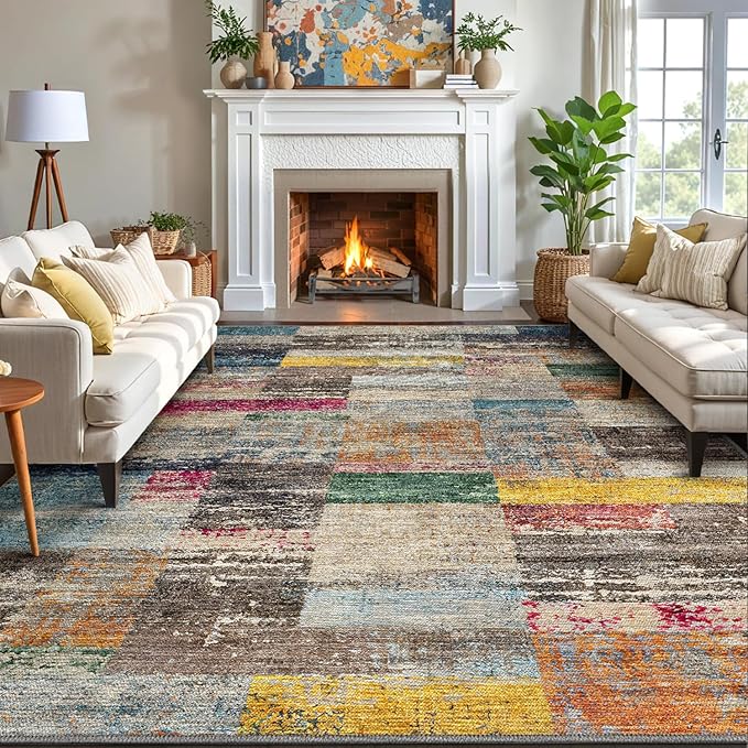 LUMI 8x12 Washable Area Rug for Living Room, Ultra Soft Geometric Rugs Non Slip with Rubber Backing, Low Profile, High Traffic, Stain Resistant Carpets, Ideal for Bedroom, Dining Room, Indoor