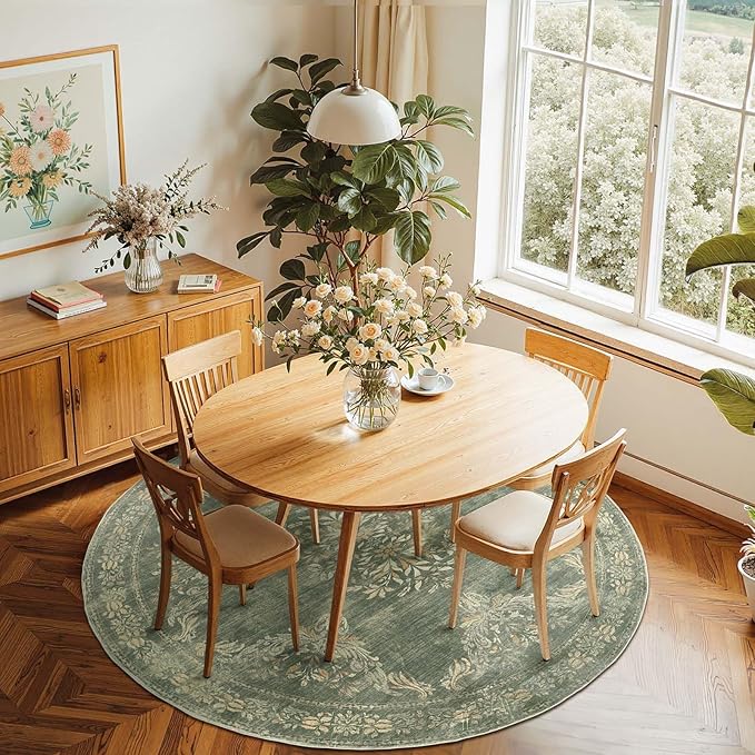 jinchan Round Rug 6ft Area Rugs Vintage Floral Distressed Design,Machine Washable Soft Non-Slip Low-Pile Ultra-Thin Circle Rug for Bedside Living Room Dining Room Bedroom (6' Round, Dark Green)