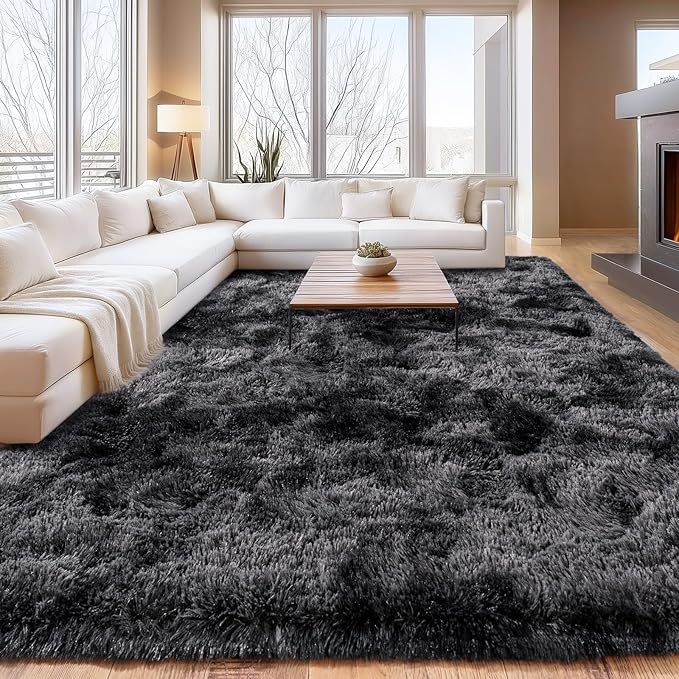 Tie-Dyed Black Grey Shaggy Rugs Fluffy Carpets, Indoor Modern Plush Area Rugs for Living Room, Upgrade Anti-Skid Area Rug, Rectangular 9x12 Feet Fuzzy Rug for Nursery Home Decor