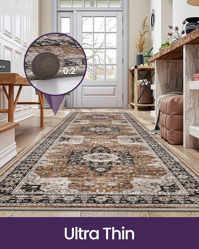 DEXI Hallway Runner Rug 3x10, Distressed Non Slip Runners Carpet, Boho Vintage Soft Thin Indoor Rug, Stain Resistant Washable Entry Mat for Entryway Kitchen Laundry Room Living Room, Brown