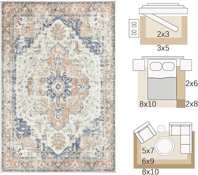 jinchan Kelda Area Rug 9x12 Washable Living Room Rug Vintage Indoor Large Floor Cover Distressed Lightweight Non-Slip Low Pile Thin Mat Accent Stain Resistant Carpet for Bedroom Office Orange