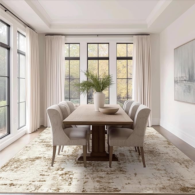 FMFUNCTEX 9x12 Washable Abstract Area Rug Brown Beige Neutral Modern Large Non Slip Carpet for Living Room Bedroom Soft Accent Low Pile Indoor Mat Accent Throw Rug for Dining Kitchen Office Nursery