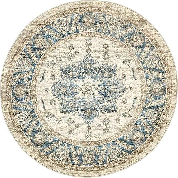 Unique Loom Salzburg Collection Classic Traditional Design Oriental Inspired Border Area Rug (4' 0 x 4' 0 Round, Beige/Blue)