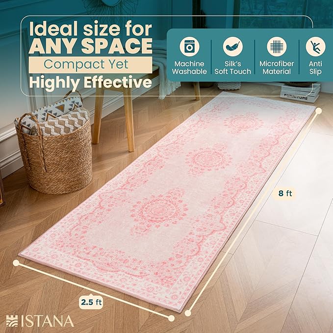 Istana Hallway Runner Rug 2.5x8 - Pink Kitchen Rugs Non Slip Washable -Silk's Soft Touch Carpet Runner - Stylish Runner Rugs for Home
