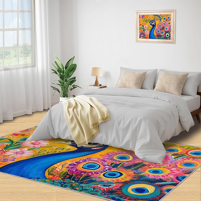Peacock Rugs for Living Room - 5x7 Rug, Boho Floral Botanical Area Rugs for Bedroom, Wonderful Peacock Rug, Peafowl Washable Carpet, Floral Animal Carpet - Peafowl Home Decor & Gifts
