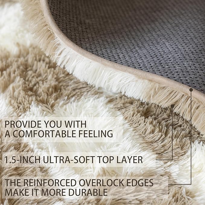 4x6 Area Rugs for Living Room Bedroom, Soft Fluffy Shaggy Bedside Rug, Indoor Floor Carpet for Kids Playroom, Dorms, Nursery Rooms, Home Decor (Camel & White 4'x6')