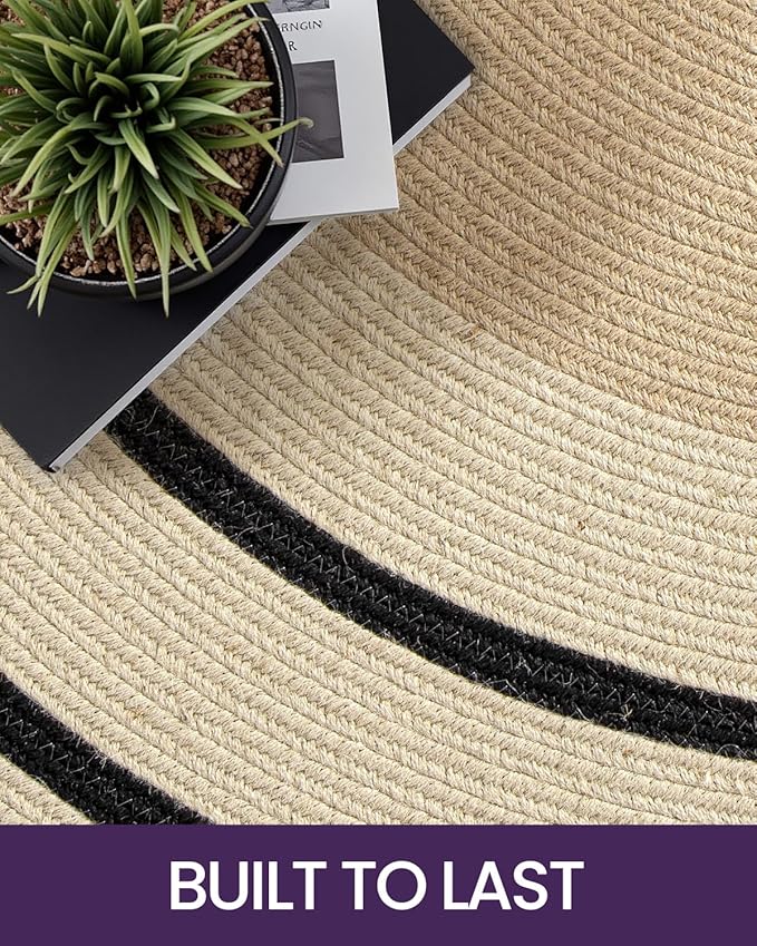 DEXI Round Jute Rug Natural Fiber 4x4, Braided Woven Area Rugs No Shed, Soft Neutral Rustic Carpet Mat for Indoor Outdoor Patio Dining Living Room Bedroom Farmhouse, 4ft, Ivory/Black