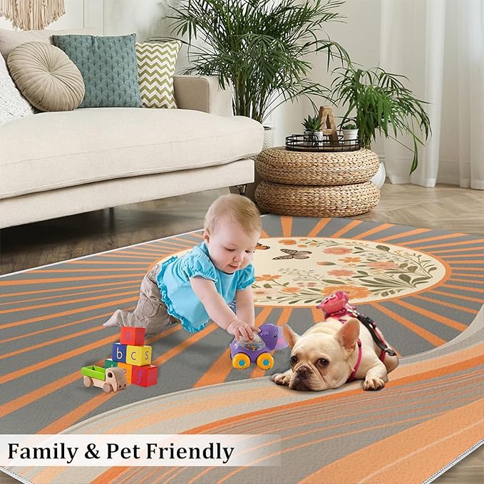 Boho Sun Area Rugs 8x10ft, Minimalist Line Area Rug for Living Room, Geometric Solar Modern Rug with Double Sided Carpet Tape for Bedroom Men Room Decor