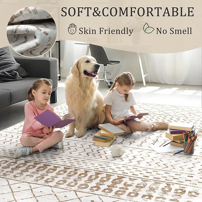 5x7 Machine Washable Area Rug for Living Room, Brown White Vintage Moroccan Rug Large Non-Slip Low Pile Soft Faux Wool Carpet, Kids and Pets Friendly for Bedroom Dining Room Farmhouse Home Decor Rug