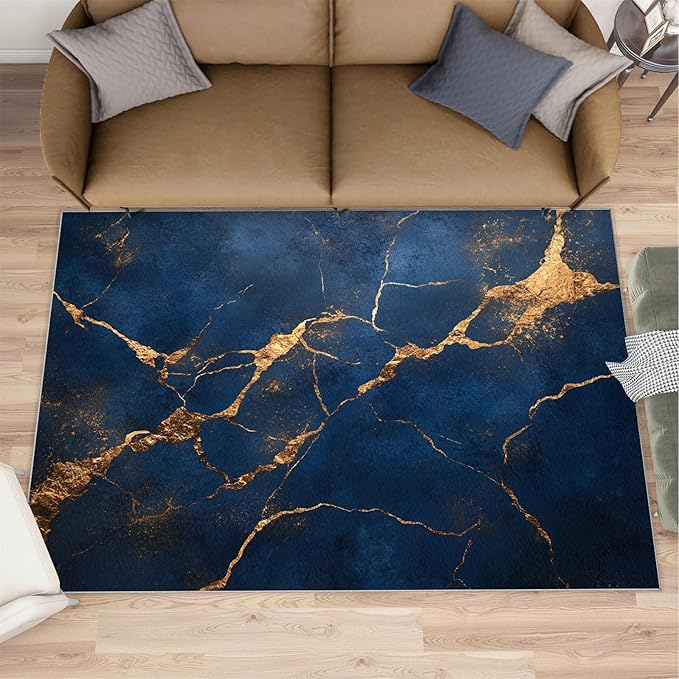 8x10 Abstract Marble Rugs for Living Room - Dark-Blue-Marble Large Area Rug, Luxury Stone Pattern Modern Boy Nursery Rug Soft Washable for Classroom Office Bedroom Kids Room