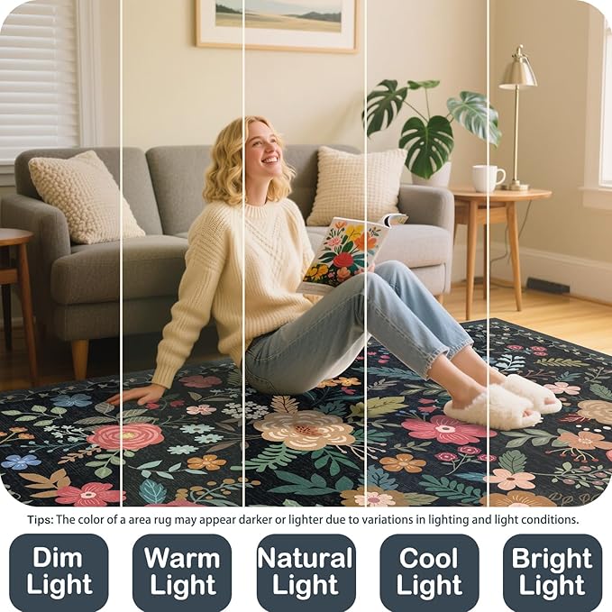 8x10 Area Rug, Floral Rugs for Living Room, Stain-Resistant Washable Bedroom Rug, Non-Slip Area Rugs for Dining Room Under Table, Indoor Rug for Home Office (8 x 10 Black)