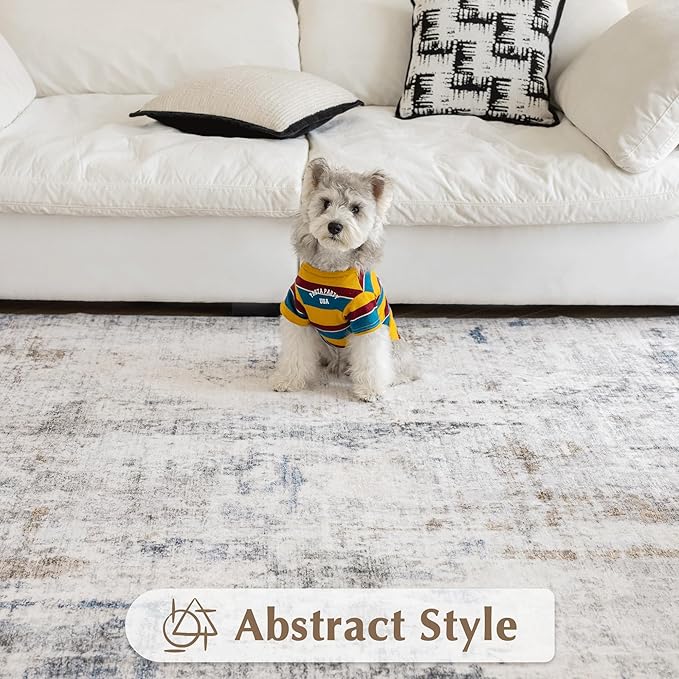 FMFUNCTEX 5x7 Washable Area Rug Brown Blue Abstract Modern Neutral Non Slip Low Pile Indoor Carpet Soft Throw Rug for Entryway Entrance Living Room Bedroom Dining Office Nursery Entry Kitchen Laundry