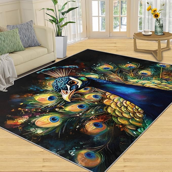 Peacock Rugs for Bedroom - 2x3 Area Rug - 3D Peacock Rugs for Living Room, Abstract Watercolor Animal Rug, Non-Slip Washable Home Decor Carpet