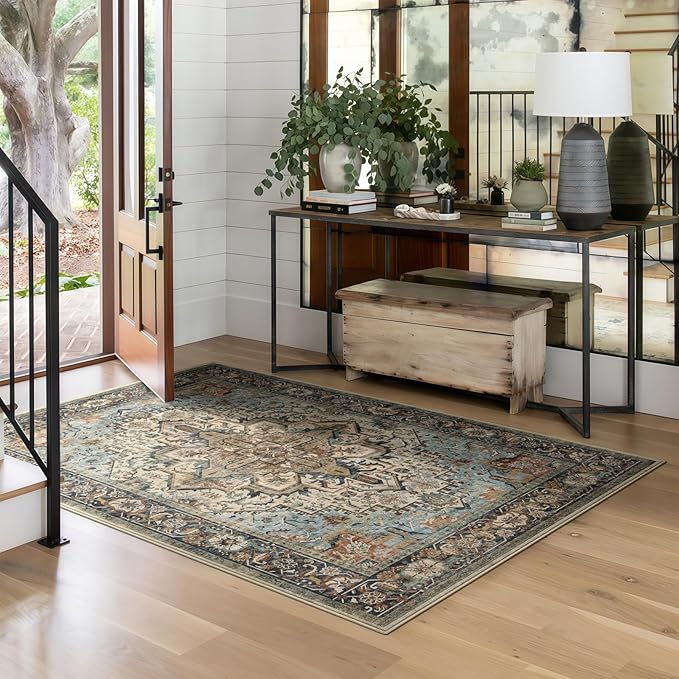 4x6 Machine Washable Area Rug for Living Room, Blue Beige Boho Vintage Floral Rug Large Non-Slip Low Pile Soft Faux Wool Carpet, Kids and Pets Friendly for Bedroom Dining Room Farmhouse Decor Rug