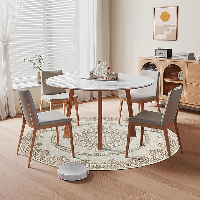 Easy-Going Round Rug 6ft Area Rug Washable Boho Neutral Circle Rugs for Living Room Non-Slip Bedroom Rug Low Pile Lightweight Floral Brown Print Vintage Throw Rug for Dining Room Kitchen Home Office