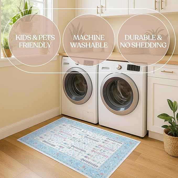 Fame Living Cream Blue Oushak Rug, Modern, Vintage, Turkish, Eclectic, Floral, Pastel, Washable, Large Area Rugs for Living Room, Dining, Bedroom, Girls, Boys, 7'5"x9'8"