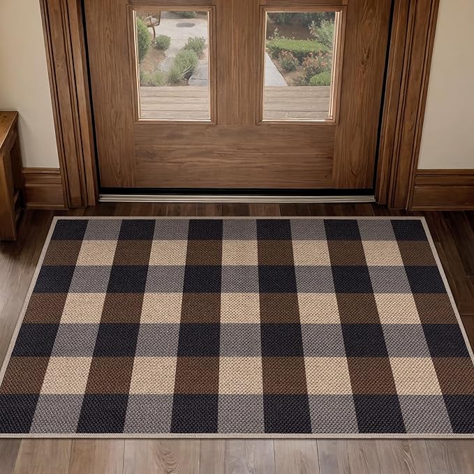 Tangsoo Checkered Easy Jute Rug, 2x3 Washable Ultra Thin Rug for Entryway Non-Slip Black Brown Outdoor Rug,Modern Front Door Mat Carpet for Kitchen Bedroom Porch Doorway