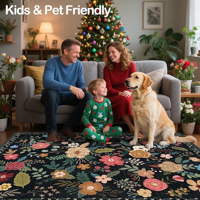 5x7 Area Rug, Floral Rugs for Living Room, Stain-Resistant Washable Bedroom Rug, Non-Slip Area Rugs for Dining Room Under Table, Indoor Carpet for Home Office (5 x 7 Black)