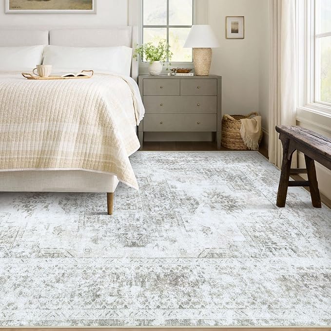 Area Rug 5x7 Living Room Rug, Machine Washable Vintage Distressed Medallion Rug Non-Slip Soft Low Pile Large Indoor Rugs for Bedroom Kitchen Dining Room Office(Taupe,5'x7')