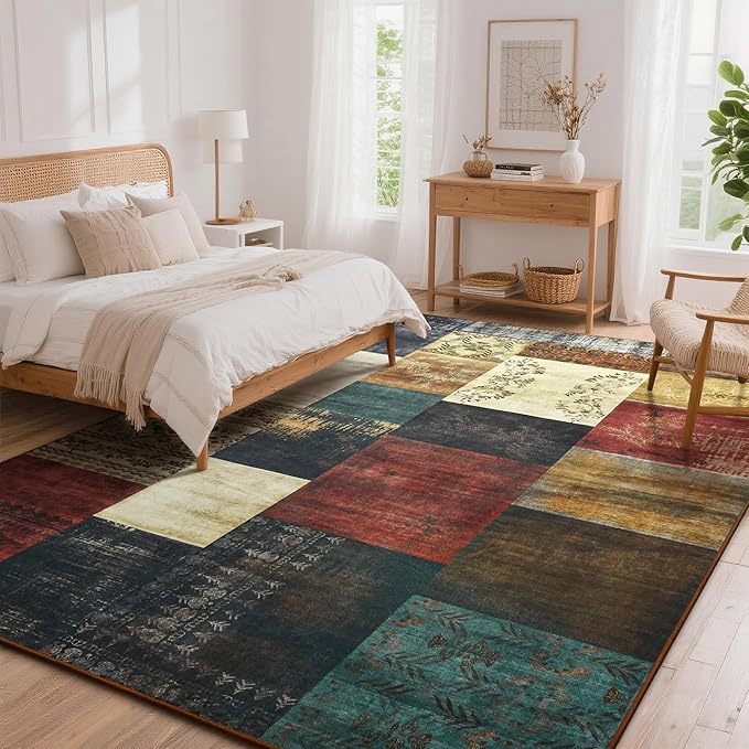 Tepook Modern Area Rug for Living Room, 8x10 Geometric Large Rugs for Bedroom, Washable Patchwork Rug Indoor Non-Slip Throw Carpets for Dining Room Office Farmhouse Home Decor, Multi
