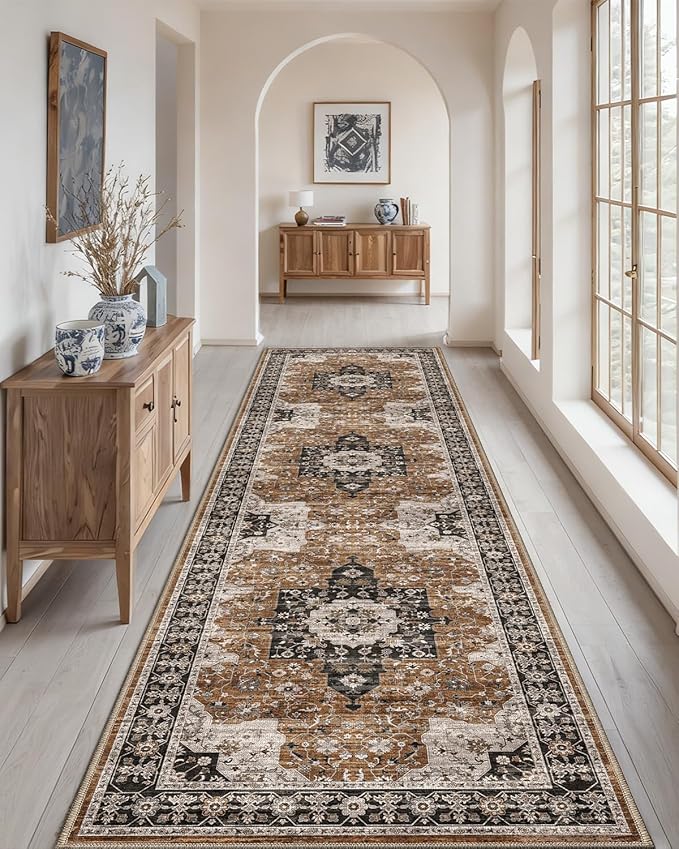 DEXI Hallway Runner Rug 3x12, Distressed Non Slip Runners Carpet, Boho Vintage Soft Thin Indoor Rug, Stain Resistant Washable Entry Mat for Entryway Kitchen Laundry Room Living Room, Brown