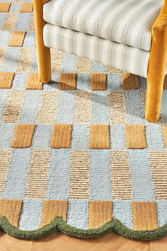 Hand-Tufted Wool Rug with Scalloped Edges, Light Blue Plaid Pattern, Cozy Soft Area Rug for Living Room, Bedroom, and Nursery, Handmade Modern Accent Rug (Blue, 9X13 FEET)