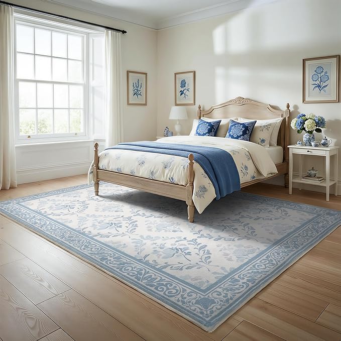 SOULFUL Medium Pile 2x3 Entryway Rug - Soft Underfoot Small Area Rug - Mist Blue Boho Floral - Washable Non-Slip - Perfect for Hallway Kitchen Bedroom Bathroom Indoor Entrance