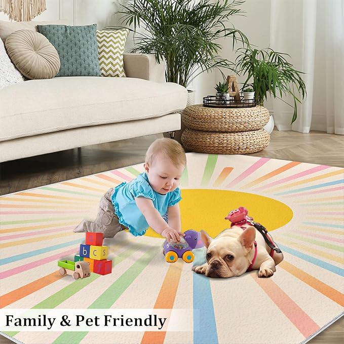 Boho Sun Area Rugs 3x4ft, Minimalist Sunburst Kids Bedroom Rug, Abstraction Deco Bedside Rug Durable Non Slip for Cafe Living Room Under Table Boys Room Decor