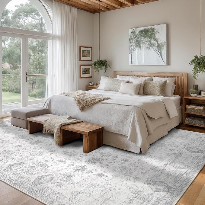 Washable 10×14 Area Rug for Living Room, Vintage Floral Rug Soft Non Slip Stain Resistant Boho Carpet for Bedroom Dinning Room Kitchen Home Office Grey