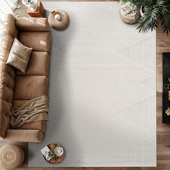 Modern Micro Loop Indoor Area Rugs for Living Room Bedroom Kitchen Geometric Triangle White 9x12 Luxury Durable Low and High Pile Non-Shedding Stain Resistant Soft Area Carpet 9 x 12