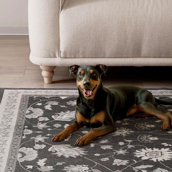 EVERGRACE Hallyway Area Runner Rugs 2x8, Boho Floral Faux Wool Indoor Outdoor Rugs, Washable Rugs for Bedroom Dining Room Living Room Kitchen, Low Pile Floor Mat Carpet for Home Decor, Ebony Black
