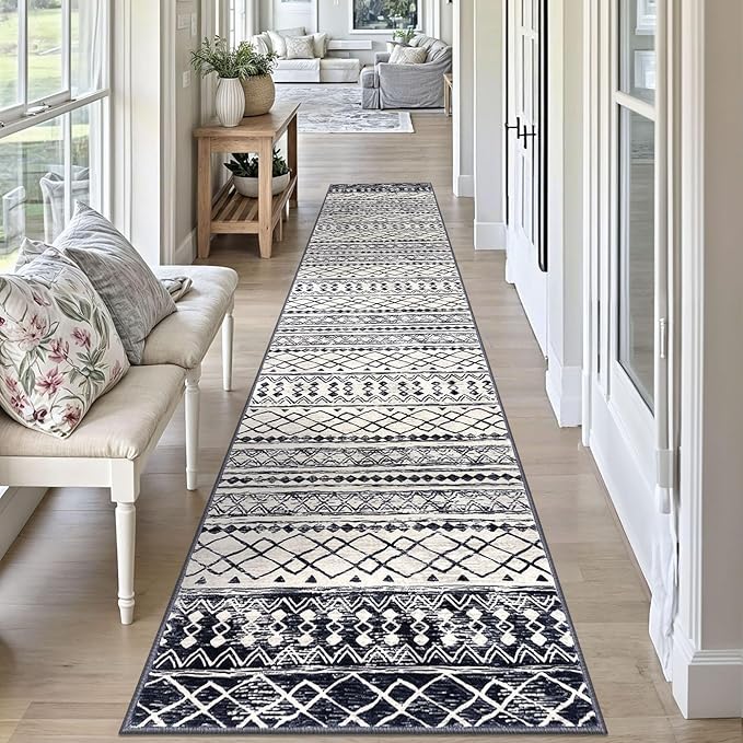 KUTA Moroccan Washable Runner Rug, 2x10 Non-Slip Vintage Black Navy Blue Boho Hallway Kitchen Runners Ultra Soft Distressed Geometric Floor Carpet Rugs for Bedroom Laundry Living Room