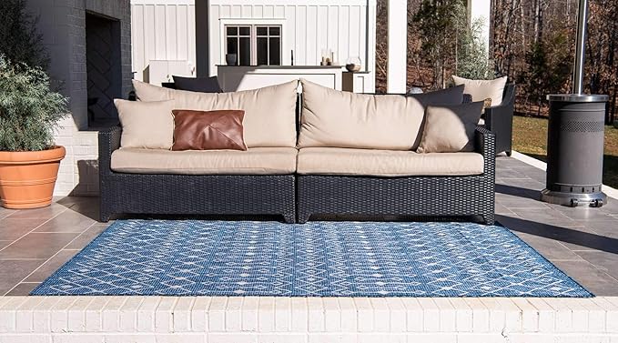 Unique Loom Outdoor Trellis Collection Area Rug - Tribal Trellis (9' x 12' Rectangle, Blue/ Ivory)