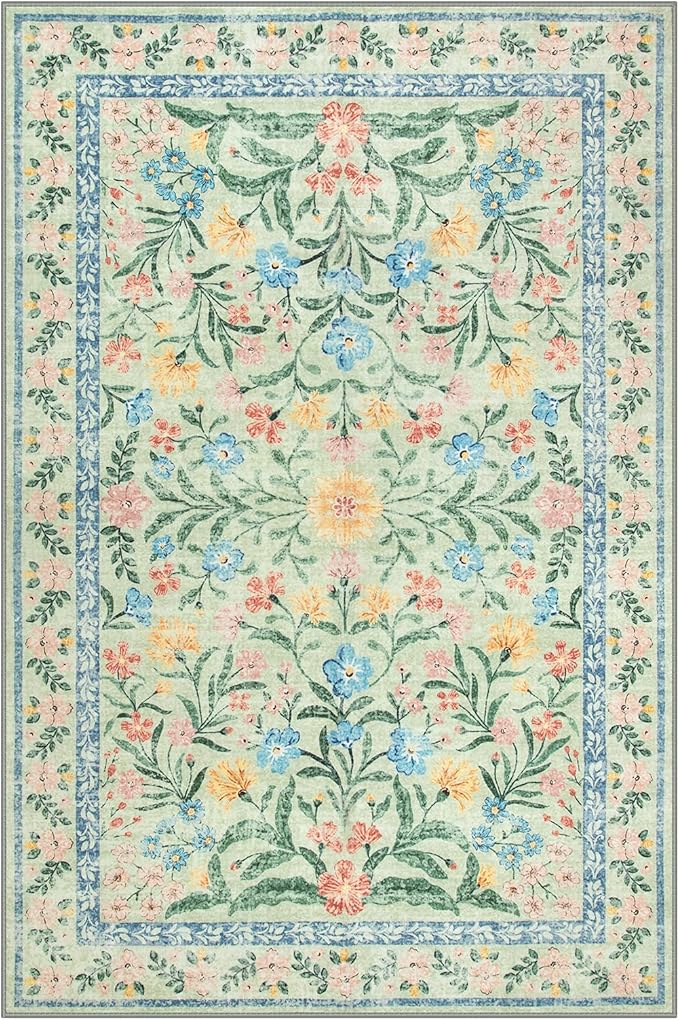Lahome Sage Green 6x9 Bedroom Rugs, Boho Washable Rugs for Living Room, Soft Wool Carpet for Nursery, Vintage Low Pile Carpet for Kids Playroom Girls, Tea Green