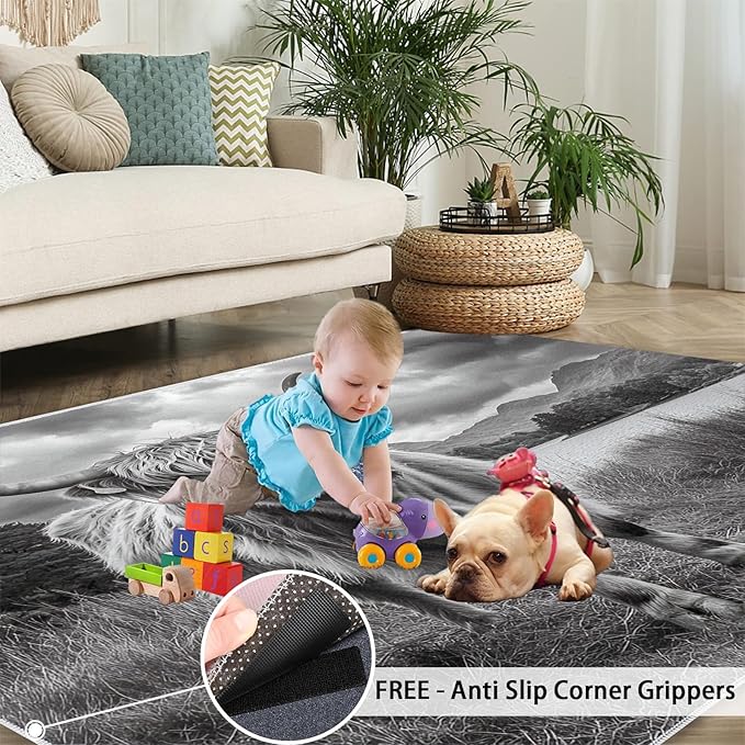 Highland Cattle Rugs for Bedroom - 2x3 Area Rug - Black White Highland Cattle Rugs for Living Room, 3D Natural Landscape Rug, Non-Slip Washable Home Decor Carpet