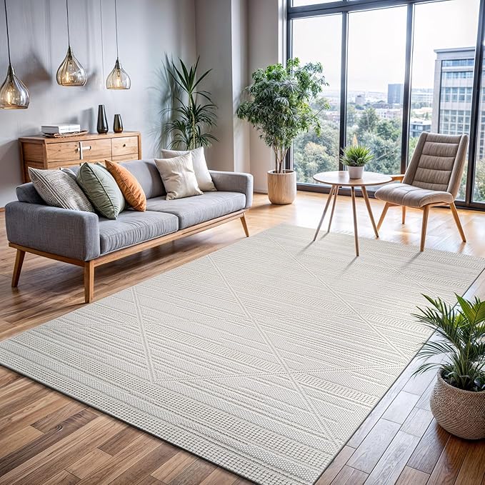CAMILSON Micro Loop Rug 5x7 Modern Luxury Geometric Pattern Area Rugs Soft High and Low Pile Stain Resistant Easy-Cleaning Non-Shedding for Living Room Office Indoor Carpet (5 x 7 / White)