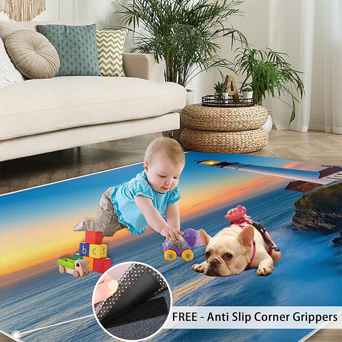 Coastal Rugs for Bedroom - 2x3 Area Rug - Ocean Lighthouse Rugs for Living Room, Sunset Ocean Scenery Rug, Non-Slip Washable Home Decor Carpet