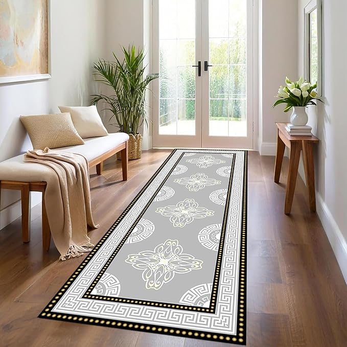 Boho Long Runners Carpet, 2.6x10ft, Modern Geometric Bohemian Print with Greek Key Grey Long Hallway Rug, Low-Profile Non Slip Rubber Backed Flat Rugs for Relax Room Entryways