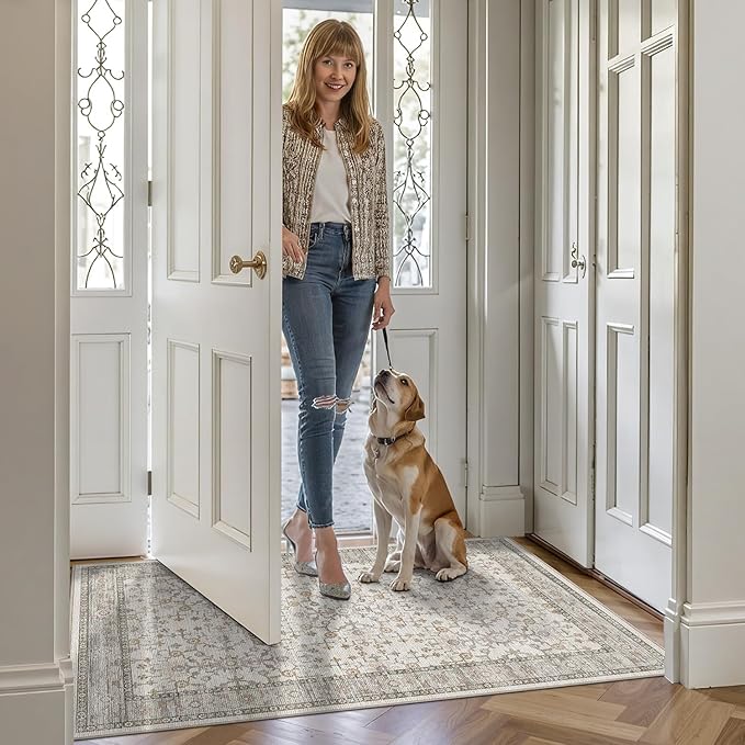 LUMI Indoor Thin Door Mat, 36x59 Washable Small Inside Doormat, Non Slip Low Pile Oriental Floor Carpet, Vintage Distressed Area Rug for Front Door,Entrance,Bedroom, Celadon